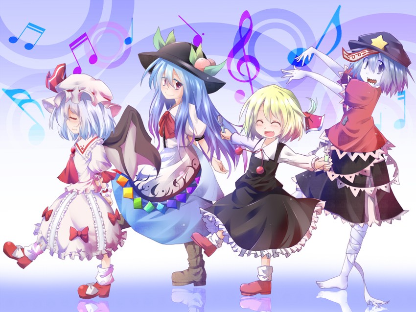 remilia scarlet, rumia, hinanawi tenshi, and miyako yoshika (touhou) drawn by hiro_(pqtks113)