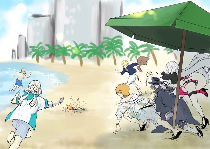fujimaru ritsuka, jeanne d'arc alter, edmond dantes, gilgamesh, gawain, and 2 more (fate and 1 more) drawn by kashiyama