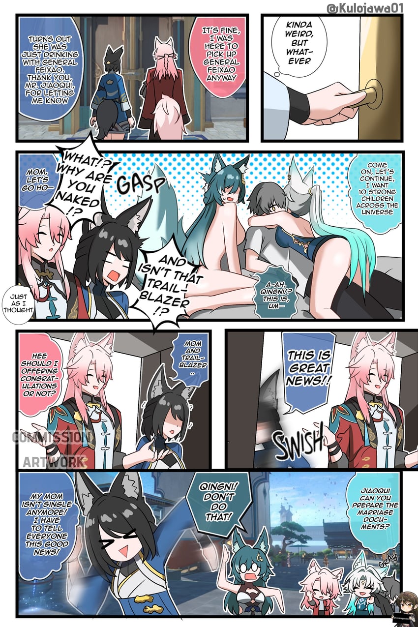 trailblazer, caelus, feixiao, jiaoqiu, yukong, and 1 more (honkai and 1 more) drawn by kulojawa