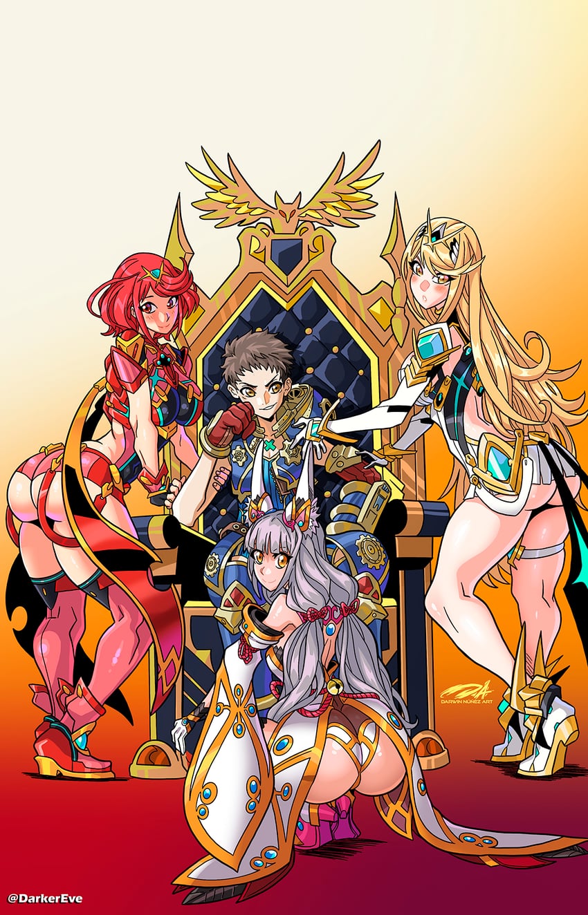 pyra, mythra, rex, and nia (xenoblade chronicles and 1 more) drawn by darkereve