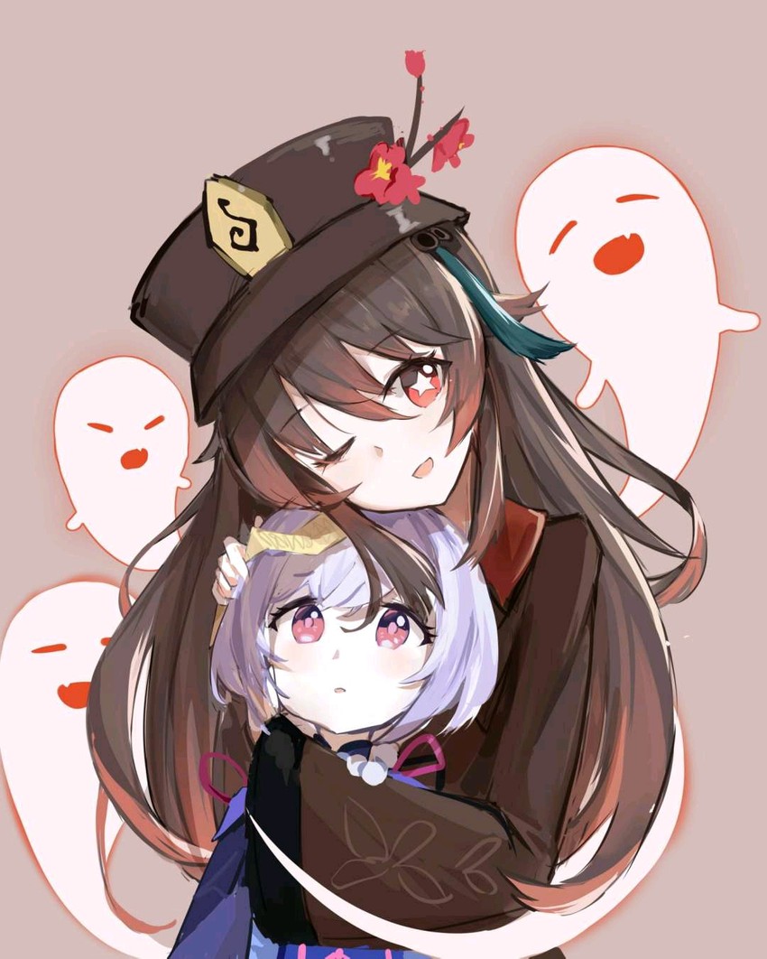 hu tao, boo tao, and qiqi (genshin impact) drawn by ruo_xuan_zephyr