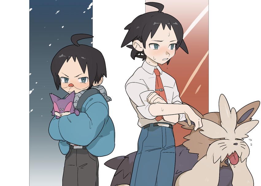 cheren, purrloin, and stoutland (pokemon and 2 more) drawn by mimura_(nnnnnnnnmoo)
