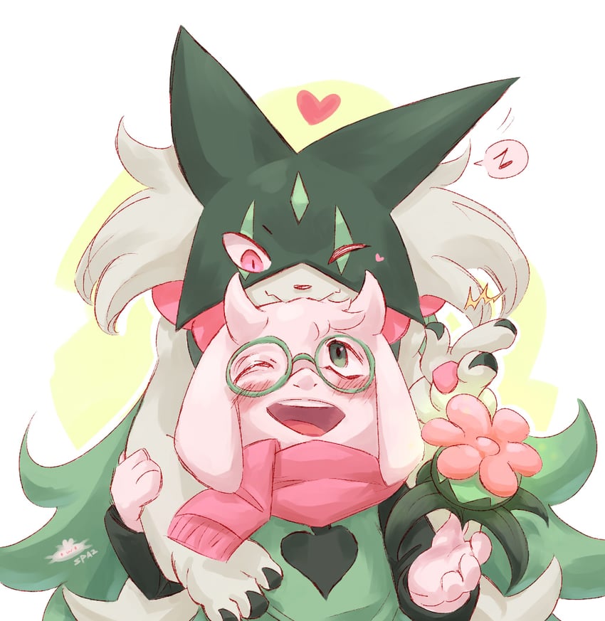 meowscarada and ralsei (pokemon and 1 more) drawn by spazticcat