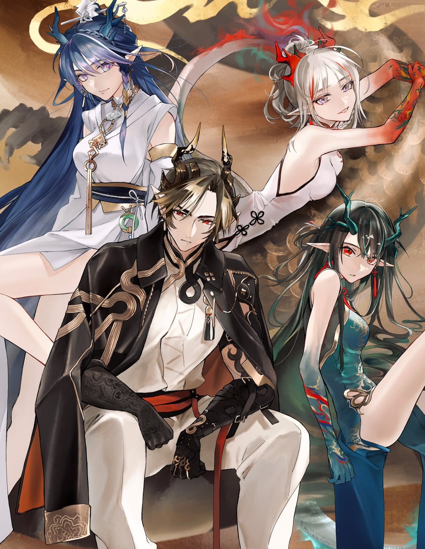 dusk, nian, chongyue, and ling (arknights and 1 more) drawn by okome_(okome9219)