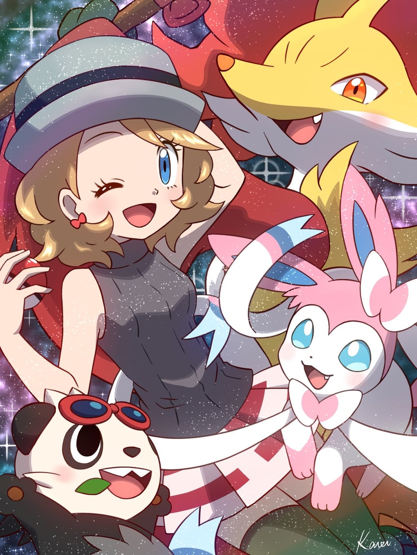 serena, sylveon, delphox, and pancham (pokemon and 1 more) drawn by umippuu_(crystal_pk314)