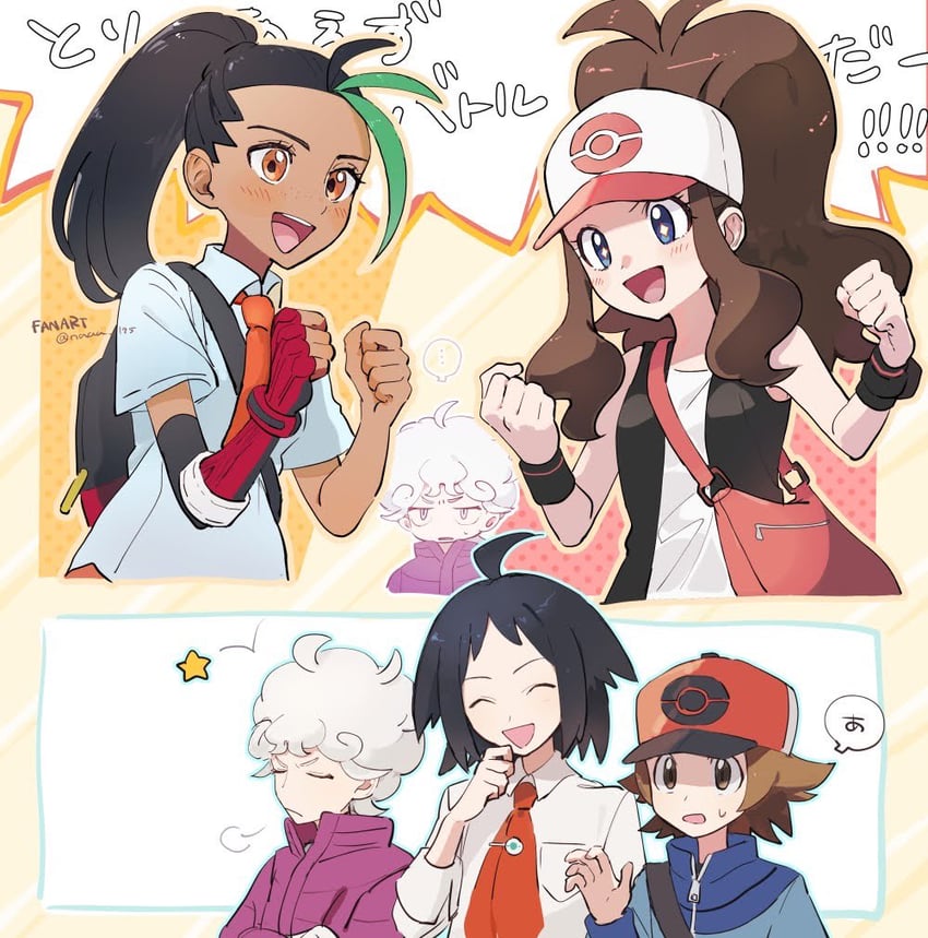 hilda, hilbert, nemona, bede, and cheren (pokemon and 4 more) drawn by nao_(naaa_195)