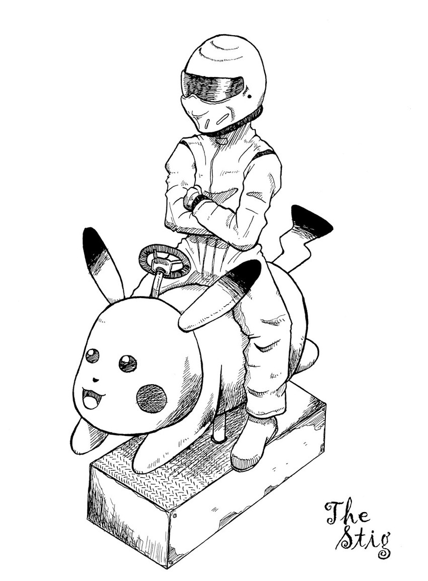 pikachu and the stig (pokemon and 1 more) drawn by yarana_nohito