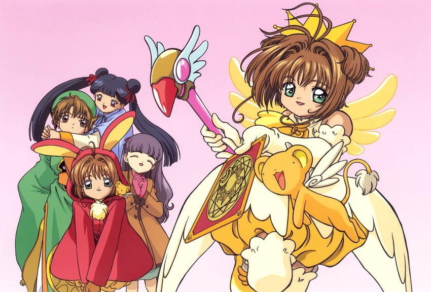 kinomoto sakura, kero, daidouji tomoyo, li syaoran, and li meiling (cardcaptor sakura) drawn by takahashi_kumiko
