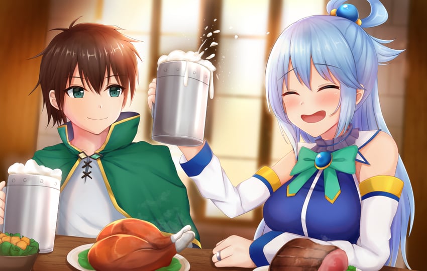 aqua and satou kazuma (kono subarashii sekai ni shukufuku wo!) drawn by ritz10_(benben)