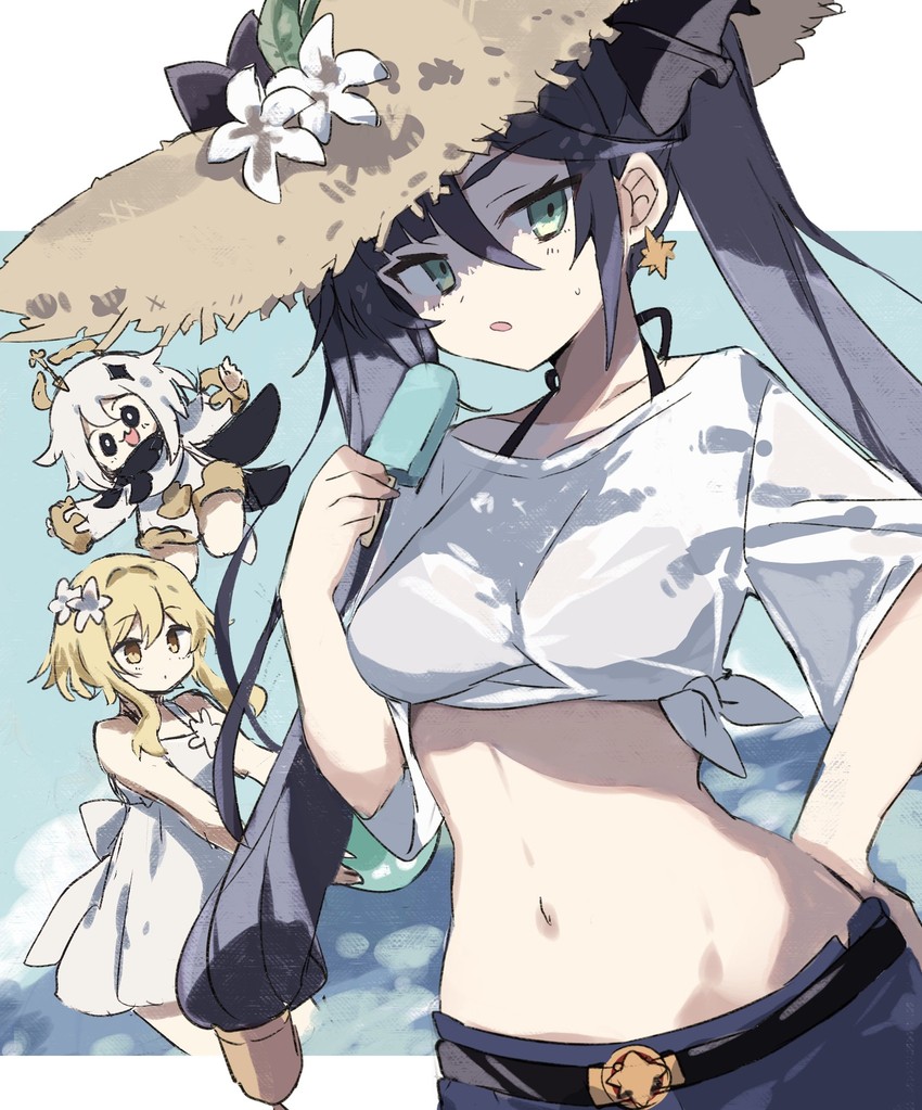 lumine, mona, and paimon (genshin impact) drawn by freenote_mr
