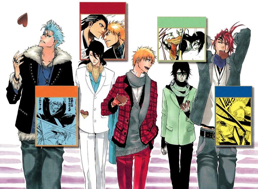 kurosaki ichigo, grimmjow jaegerjaquez, ulquiorra cifer, abarai renji, and kuchiki byakuya (bleach) drawn by kubo_tite