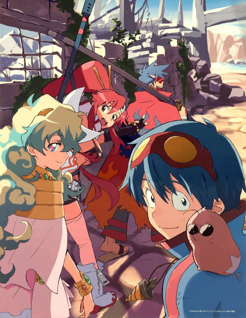 yoko littner, nia teppelin, simon, kamina, and boota (tengen toppa gurren lagann) drawn by nishigori_atsushi
