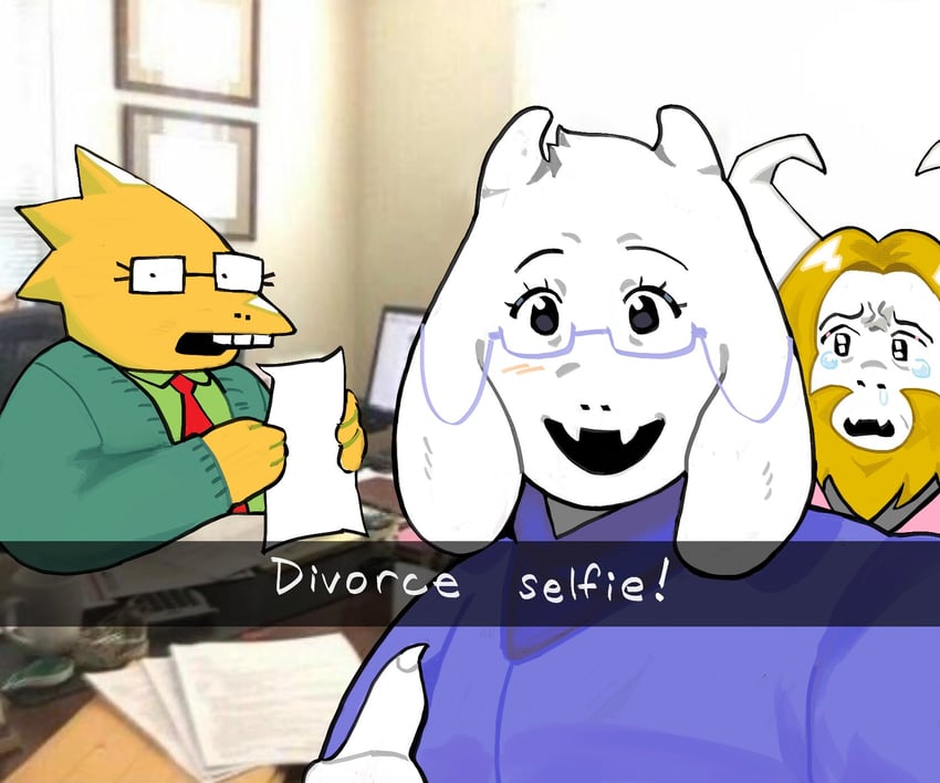 toriel, alphys, and asgore dreemurr (deltarune) drawn by qroken