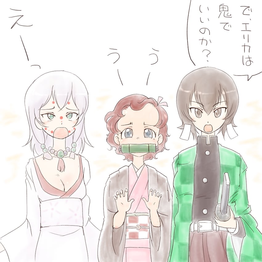 nishizumi maho, itsumi erika, kamado nezuko, kamado tanjirou, akaboshi koume, and 1 more (girls und panzer and 1 more) drawn by ebitama_(ebitamamix)