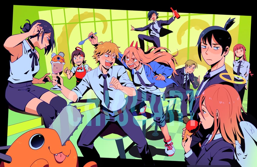 makima, power, denji, reze, higashiyama kobeni, and 5 more (chainsaw man) drawn by chiou!
