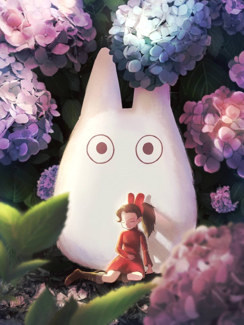 arrietty and chibi totoro (studio ghibli and 2 more) drawn by luna_mokamoka