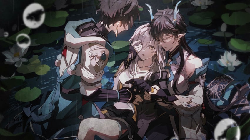 trailblazer, stelle, and dan heng (honkai and 1 more) drawn by kaga_0u0