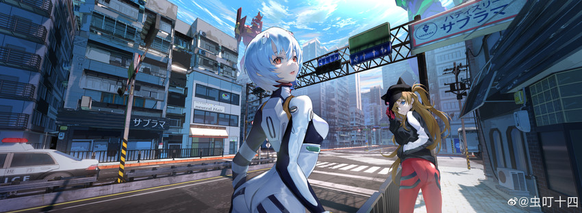 souryuu asuka langley, ayanami rei, eva 02, and eva 01 (neon genesis evangelion and 2 more) drawn by 14sky