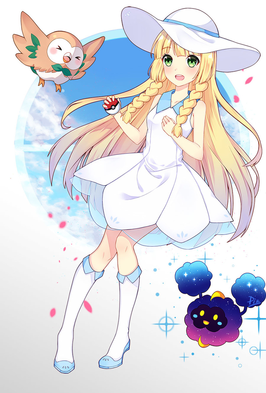 lillie, rowlet, and cosmog (pokemon and 1 more) drawn by akipiz