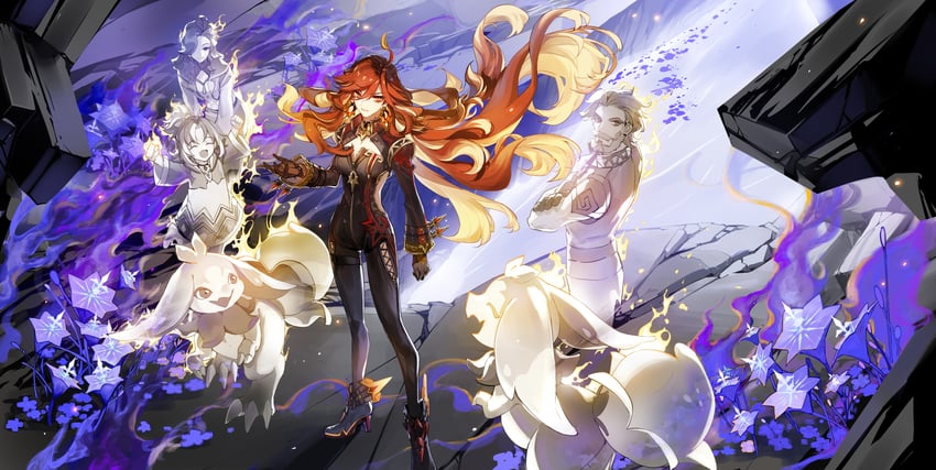 mavuika, yumkasaurus, hine, haumia, and mavuika's father (genshin impact) drawn by limaomao