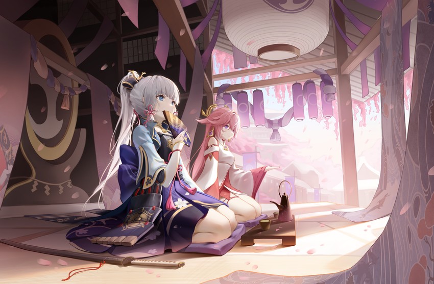 yae miko and kamisato ayaka (genshin impact) drawn by river_(river_ga)