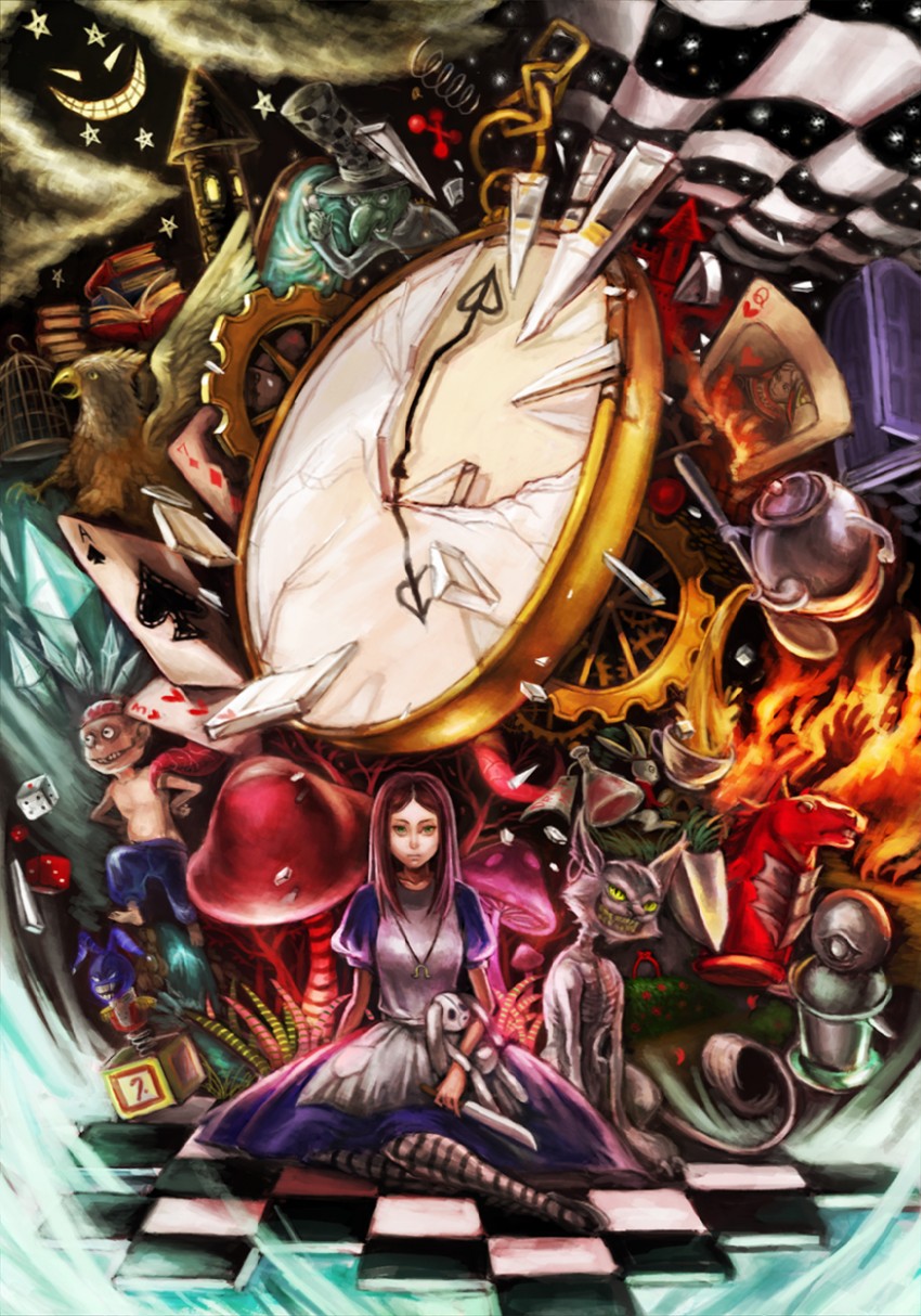 cheshire cat, mad hatter, and alice liddell (american mcgee's alice) drawn by fwd