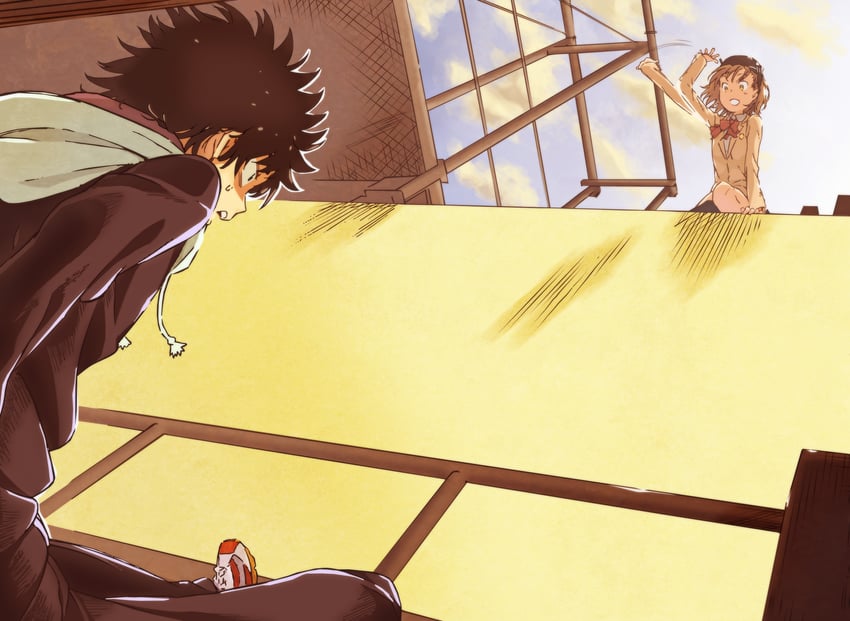 kamijou touma, misaka imouto, and misaka network sotai (toaru majutsu no index and 1 more) drawn by gazing_eye and haimura_kiyotaka
