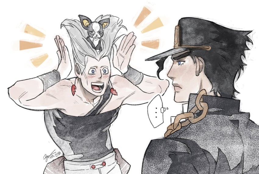 kujo jotaro, jean pierre polnareff, and iggy (jojo no kimyou na bouken and 1 more) drawn by mm_jjba
