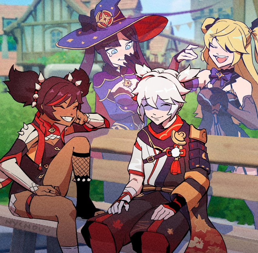 mona, kaedehara kazuha, fischl, and xinyan (genshin impact) drawn by nycnouu