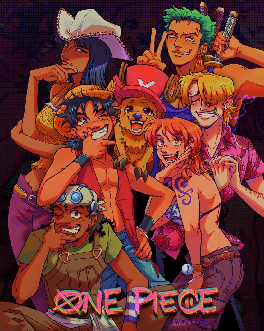 nami, monkey d. luffy, nico robin, roronoa zoro, sanji, and 2 more (one piece) drawn by deadeery