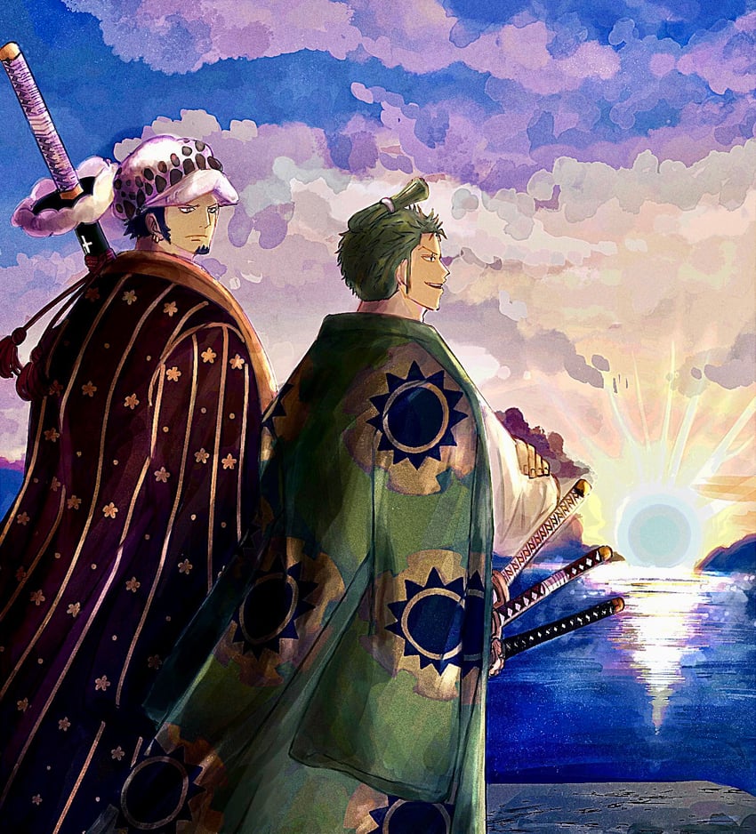 roronoa zoro and trafalgar law (one piece) drawn by utotu_uoxou