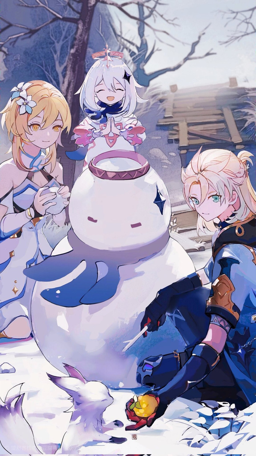 lumine, paimon, albedo, and snow fox (genshin impact) drawn by huashengmi
