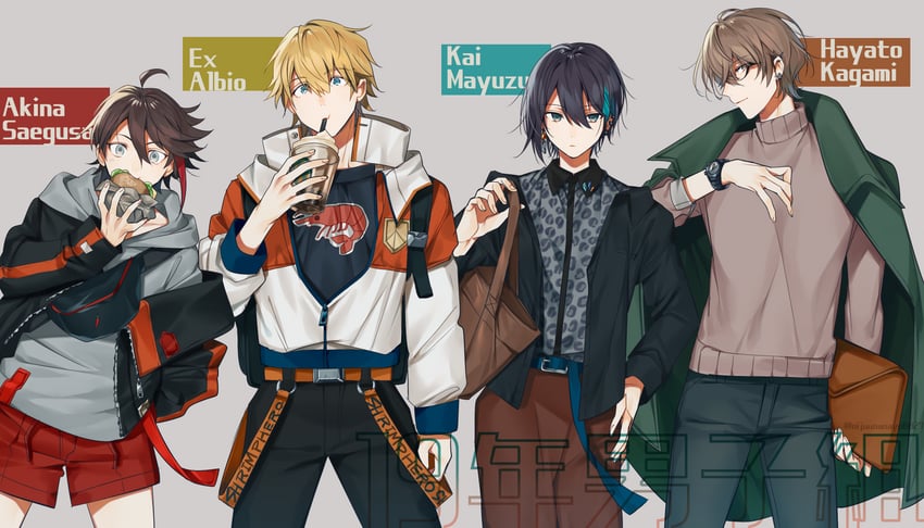 saegusa akina, kagami hayato, ex albio, and mayuzumi kai (nijisanji) drawn by ninahachi