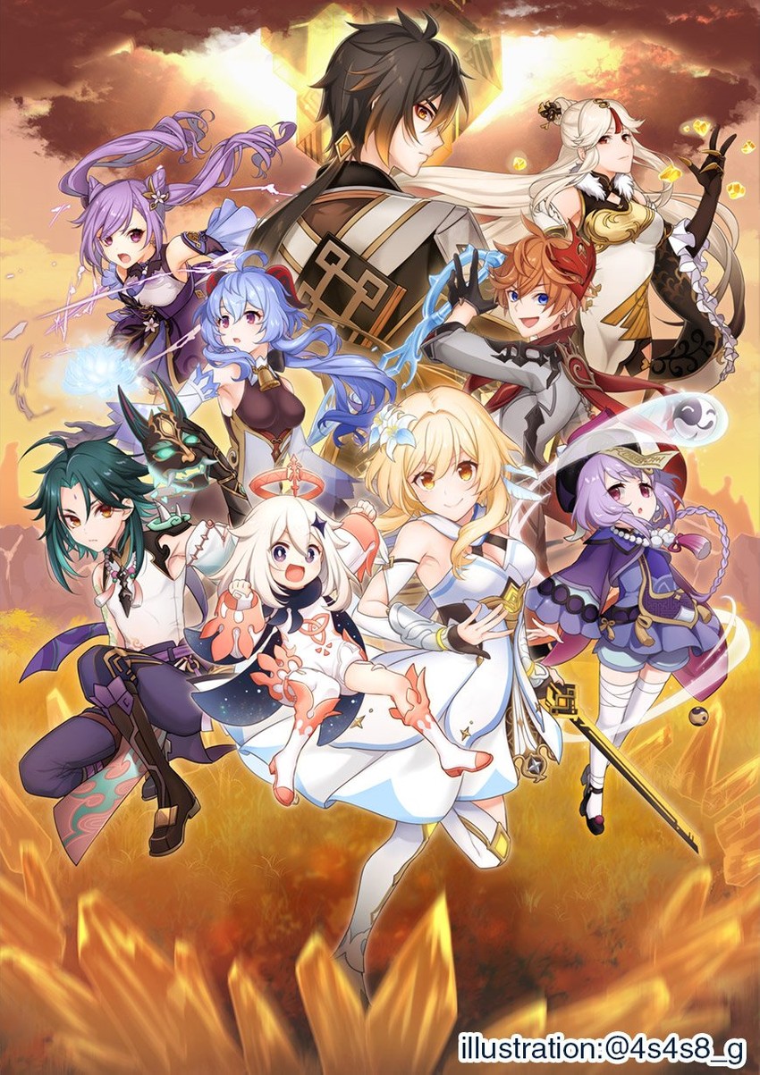 ganyu, lumine, zhongli, keqing, paimon, and 4 more (genshin impact) drawn by 4s4s8_g