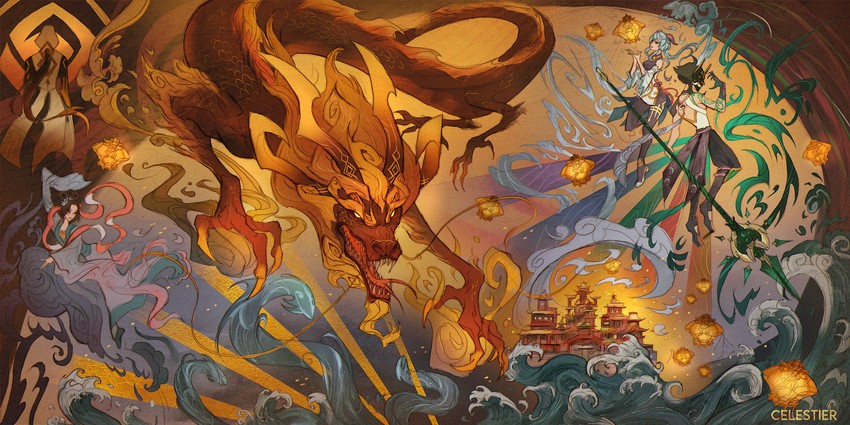 ganyu, zhongli, xiao, rex lapis, and guizhong (genshin impact) drawn by celestier