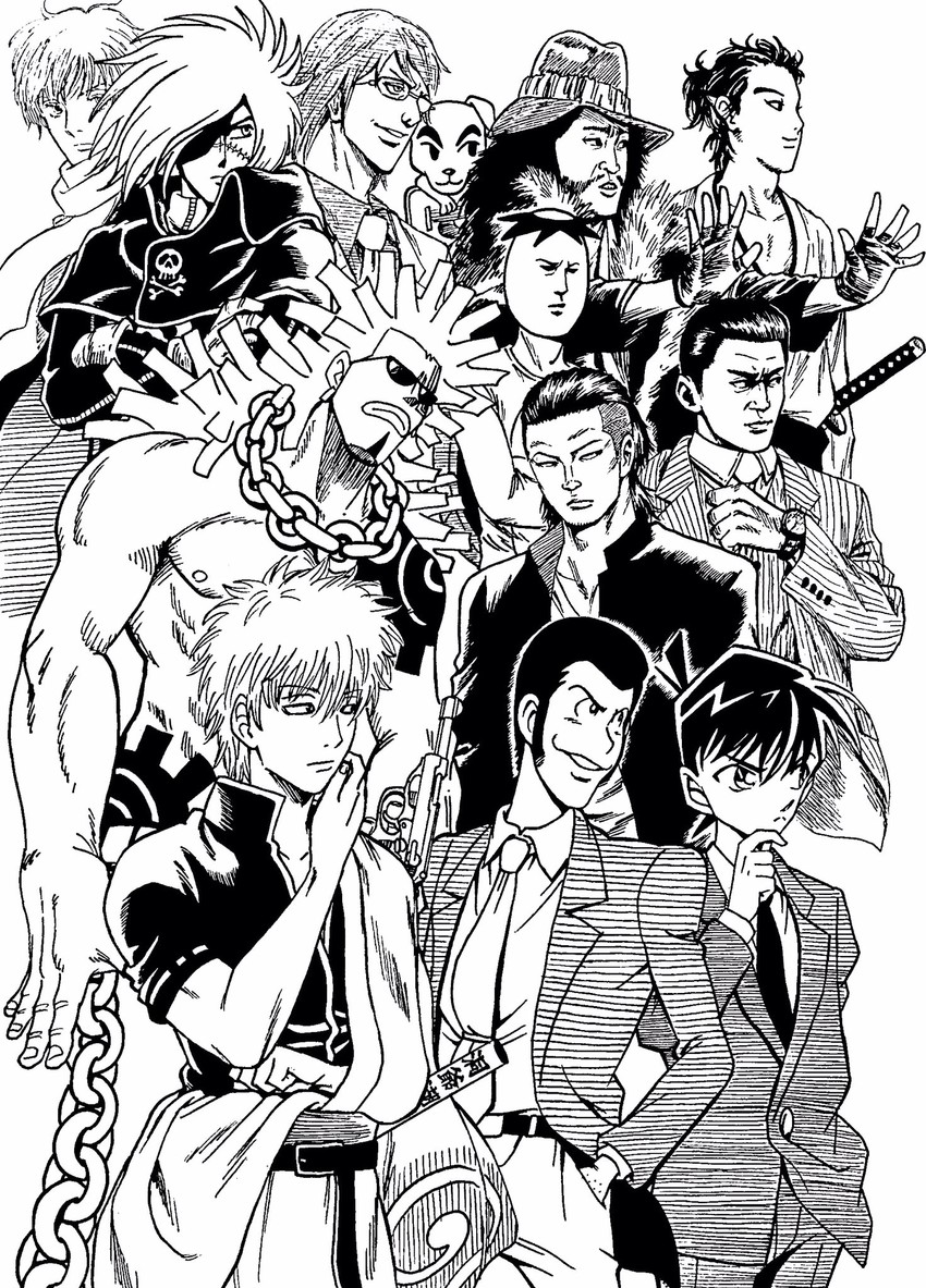 sakata gintoki, kudou shin'ichi, arsene lupin iii, harlock, k.k. slider, and 9 more (one piece and 14 more) drawn by lee_(dragon_garou)