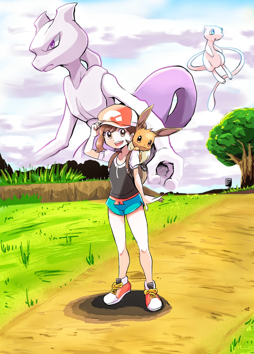 eevee, mew, mewtwo, and elaine (pokemon and 1 more) drawn by ayo_(ayosanri009)