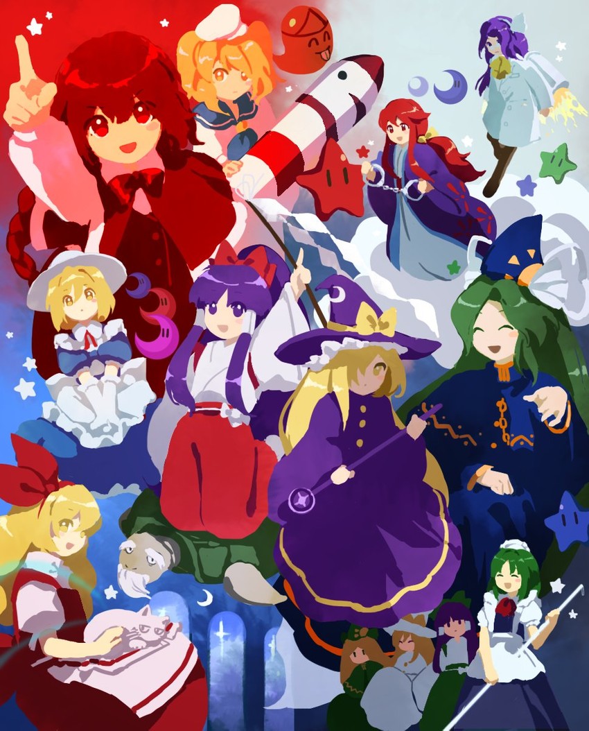hakurei reimu, kirisame marisa, mima, okazaki yumemi, kitashirakawa chiyuri, and 8 more (touhou and 1 more) drawn by kaigen_1025