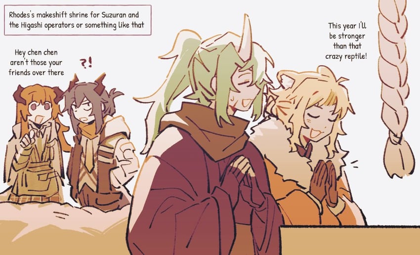 ch'en, hoshiguma, swire, and bagpipe (arknights) drawn by vento