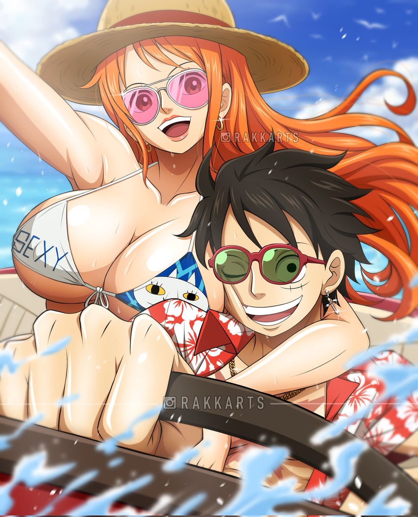 nami and monkey d. luffy (one piece) drawn by rakara11_(rakkarts)