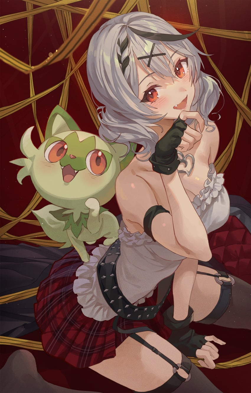 sakamata chloe and sprigatito (pokemon and 1 more) drawn by hxxg