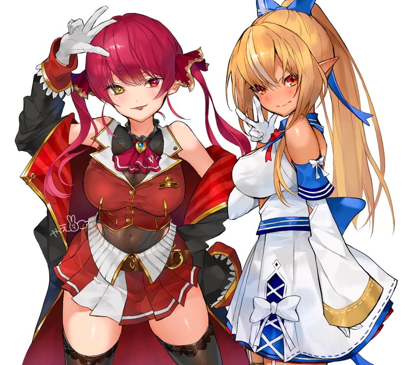 houshou marine and shiranui flare (hololive) drawn by yae_chitokiya