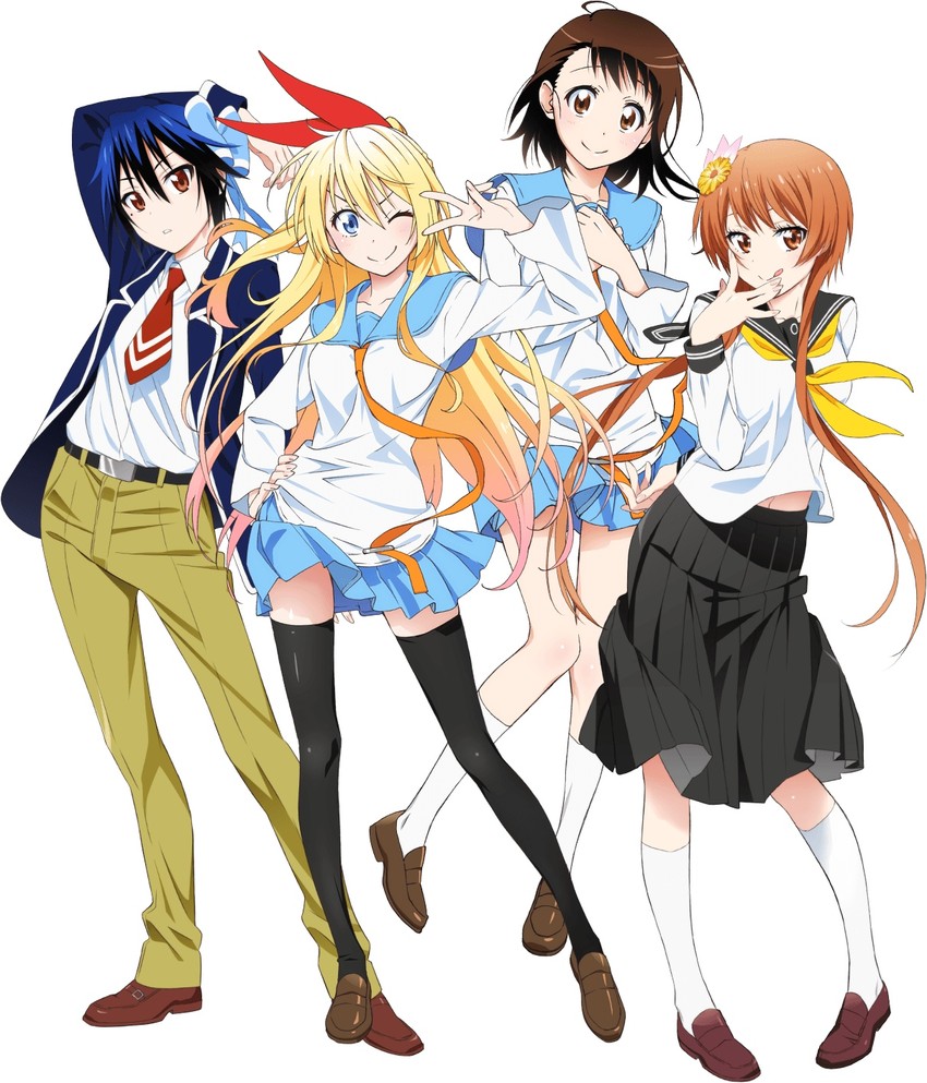 kirisaki chitoge, onodera kosaki, tsugumi seishirou, and tachibana marika (nisekoi) drawn by sugiyama_nobuhiro