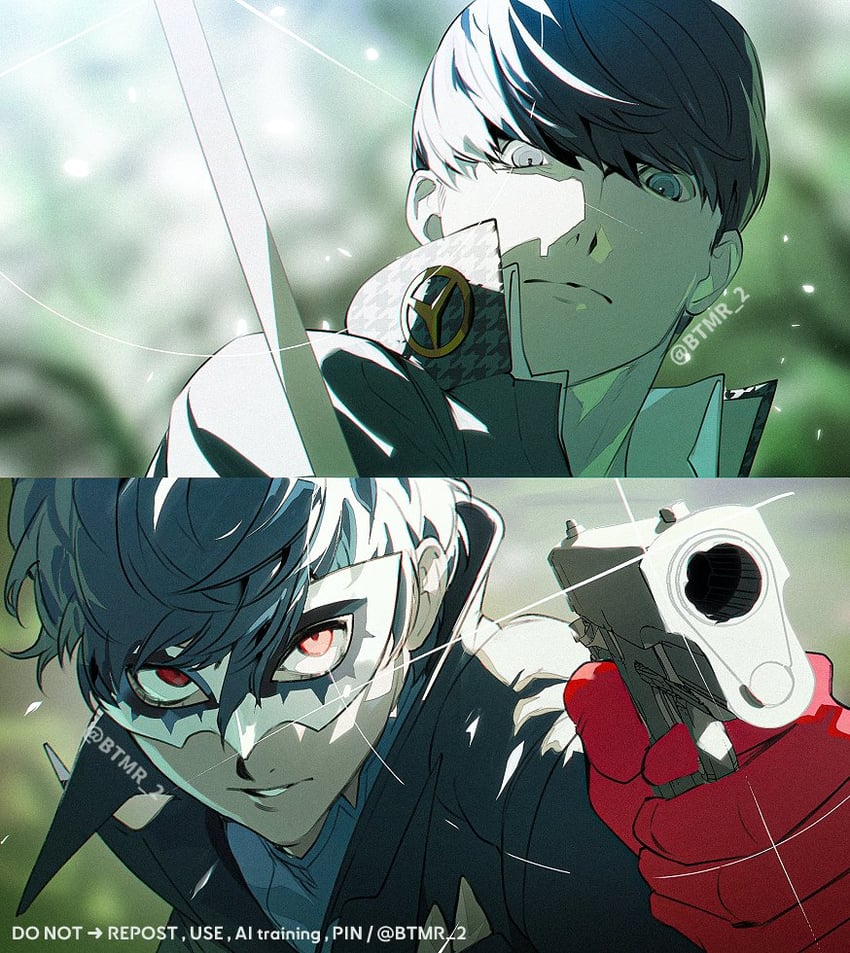 narukami yu, amamiya ren, and joker (persona and 2 more) drawn by btmr_game