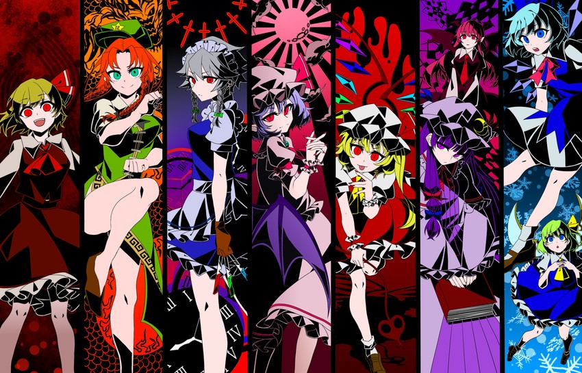 remilia scarlet, flandre scarlet, izayoi sakuya, cirno, patchouli knowledge, and 4 more (touhou and 1 more) drawn by kono_mikan