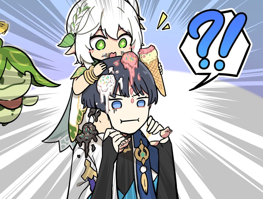 scaramouche, nahida, wanderer, aranara, and arama (genshin impact) drawn by ooyun