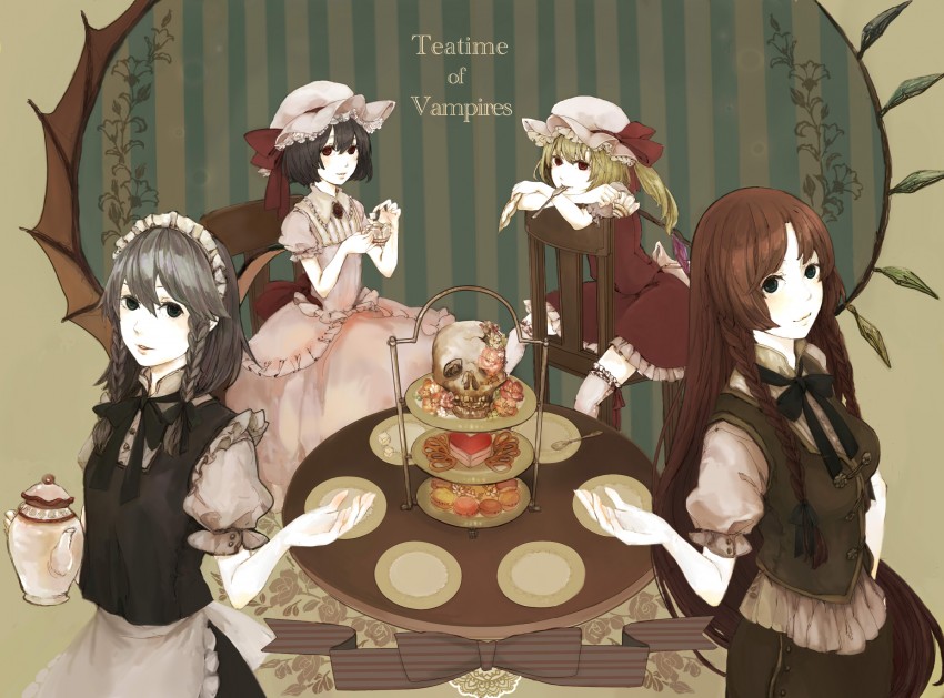 remilia scarlet, flandre scarlet, izayoi sakuya, and hong meiling (touhou) drawn by noki_(nosaki)