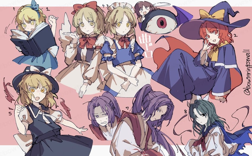 kirisame marisa, alice margatroid, mima, gengetsu, mugetsu, and 4 more (touhou and 2 more) drawn by oito_(bowstringsmall)