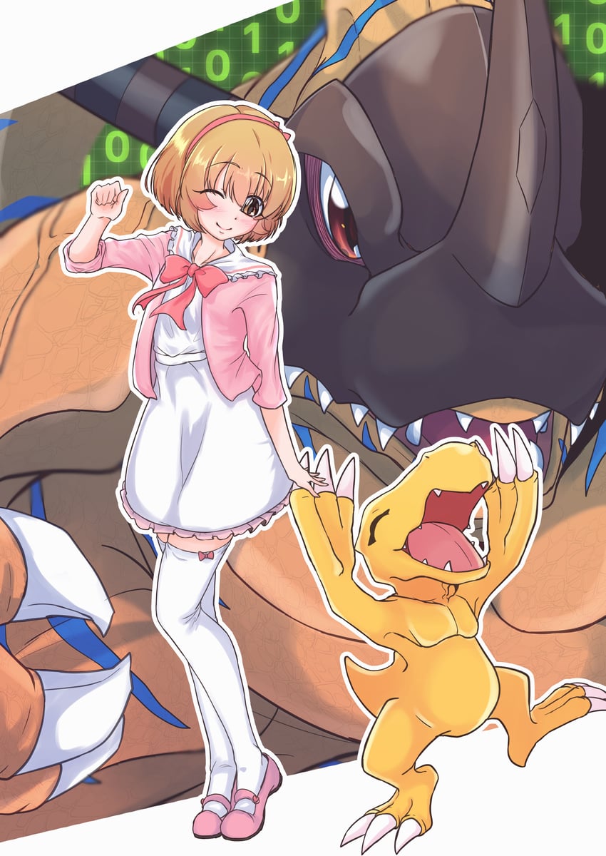 agumon, koga koharu, and greymon (idolmaster and 2 more) drawn by asikaga_yosimitu