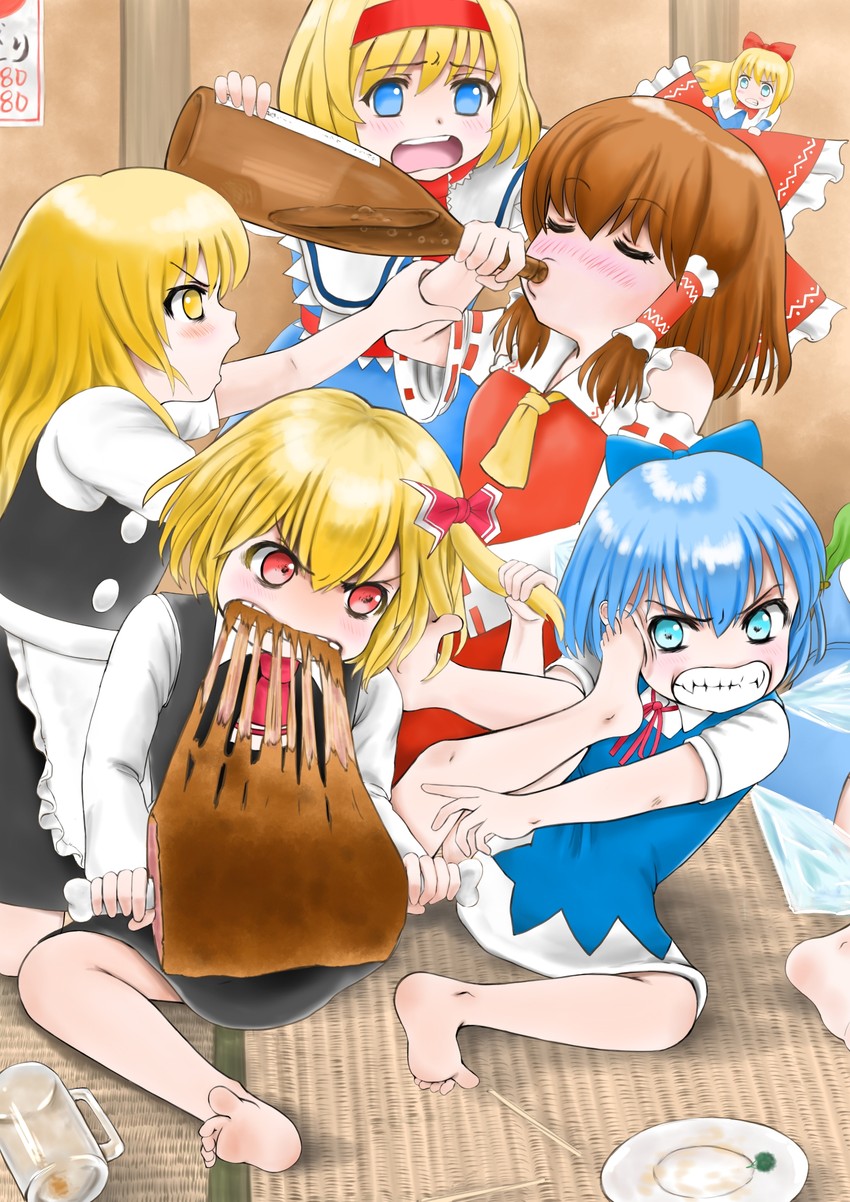 hakurei reimu, kirisame marisa, cirno, alice margatroid, rumia, and 2 more (touhou) drawn by bosutonii